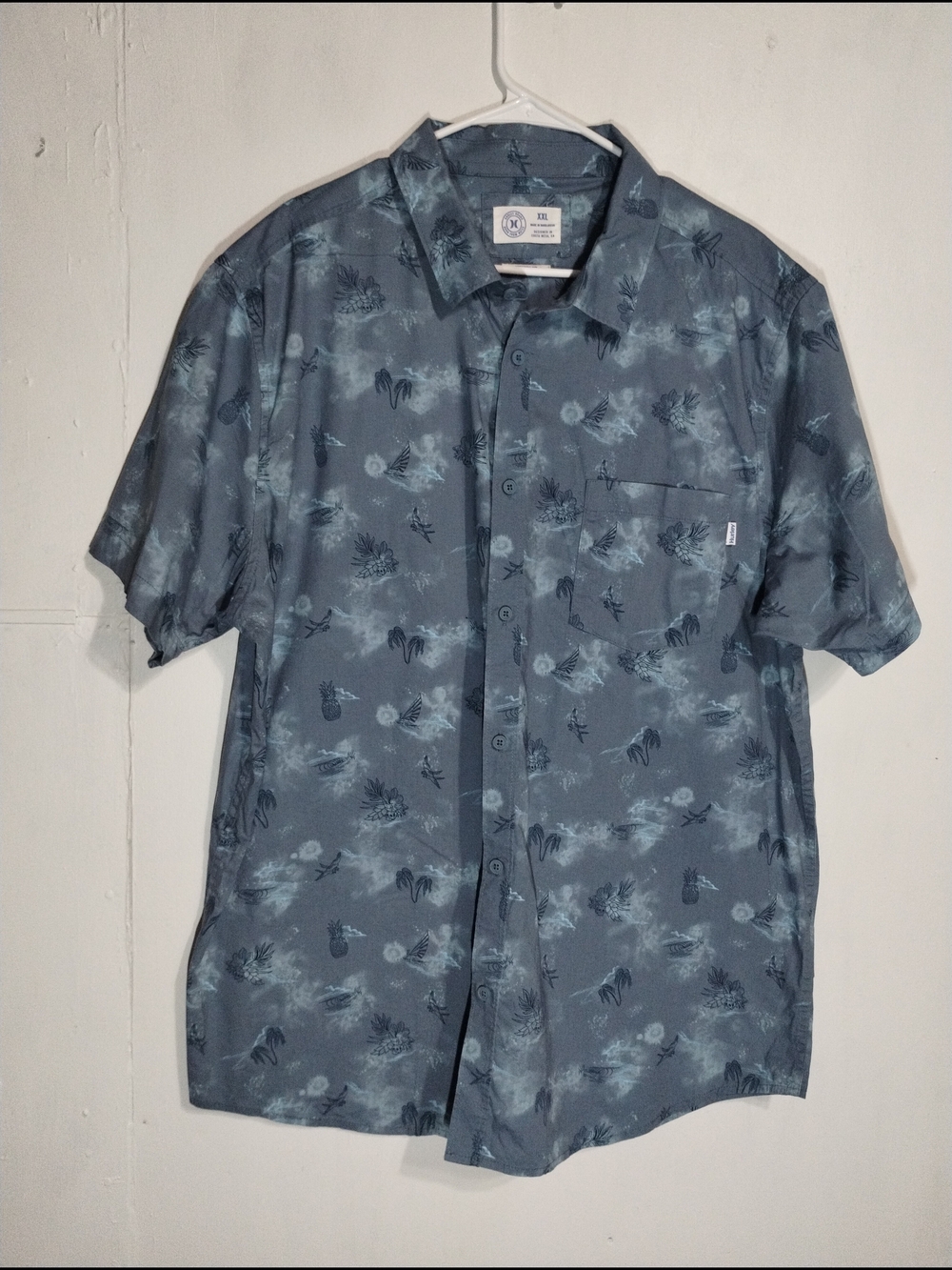Hurley Slate Blue Short-Sleeve Button-Down with Subtle Floral Print